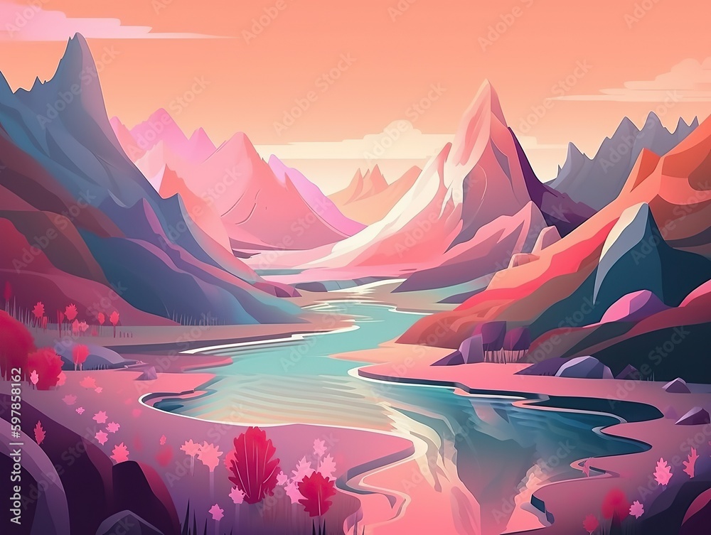 A river in the mountains with a mountain and a mountain in the background