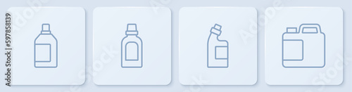 Set line Bottle for cleaning agent, , and . White square button. Vector