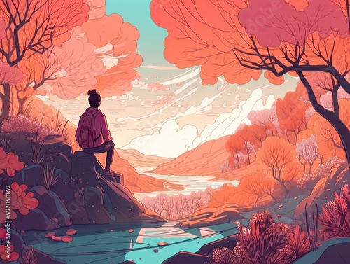 Sitting alone on a rock in the river watching the sunset landscape digital art illustration