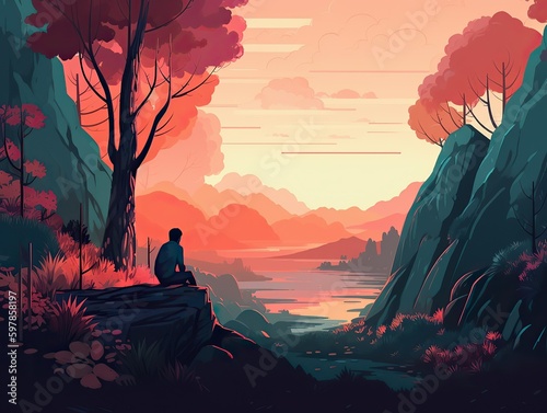 A man sits on a rock in a forest looking at a lake outdoor explore travel illustration