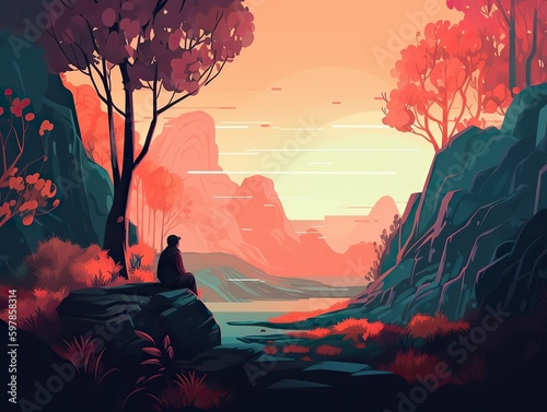 A digital illustration of a man sitting on a rock in a valley with a sunset in the background