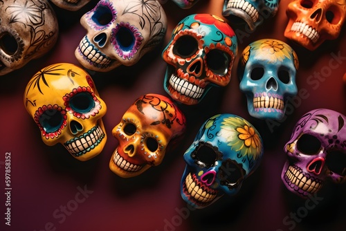 Wallpaper Illustration and background of colorful skulls, Mexican skull. Wallpaper illustration. Front View. Concept of Mexican dead day holiday, de Los muertos. Generative AI.