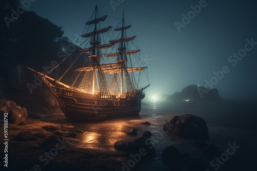 Canvas Print Old pirate ship anchored in a bay on a foggy night - illustration