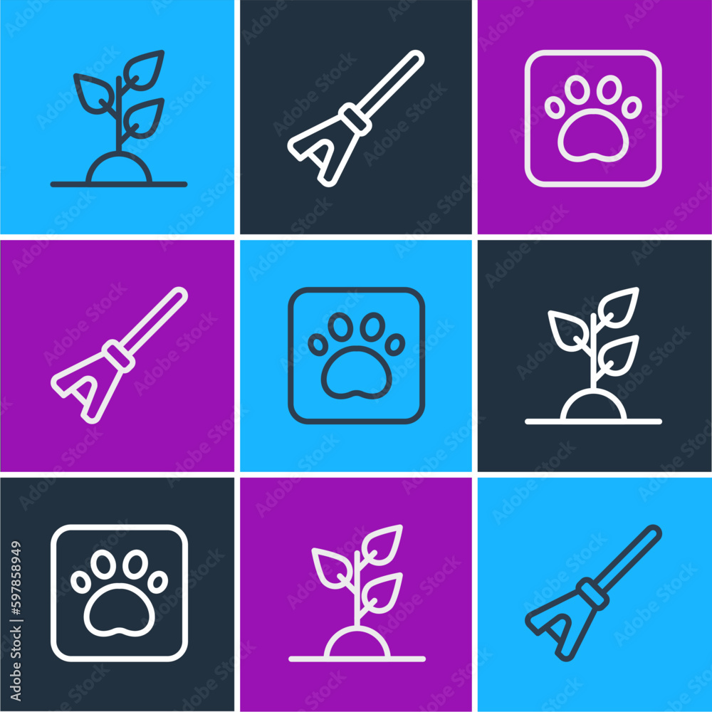 Set line Volunteer team planting trees, Paw print and Mop icon. Vector Set line Volunteer team planting trees, Paw print and Mop icon. Vector