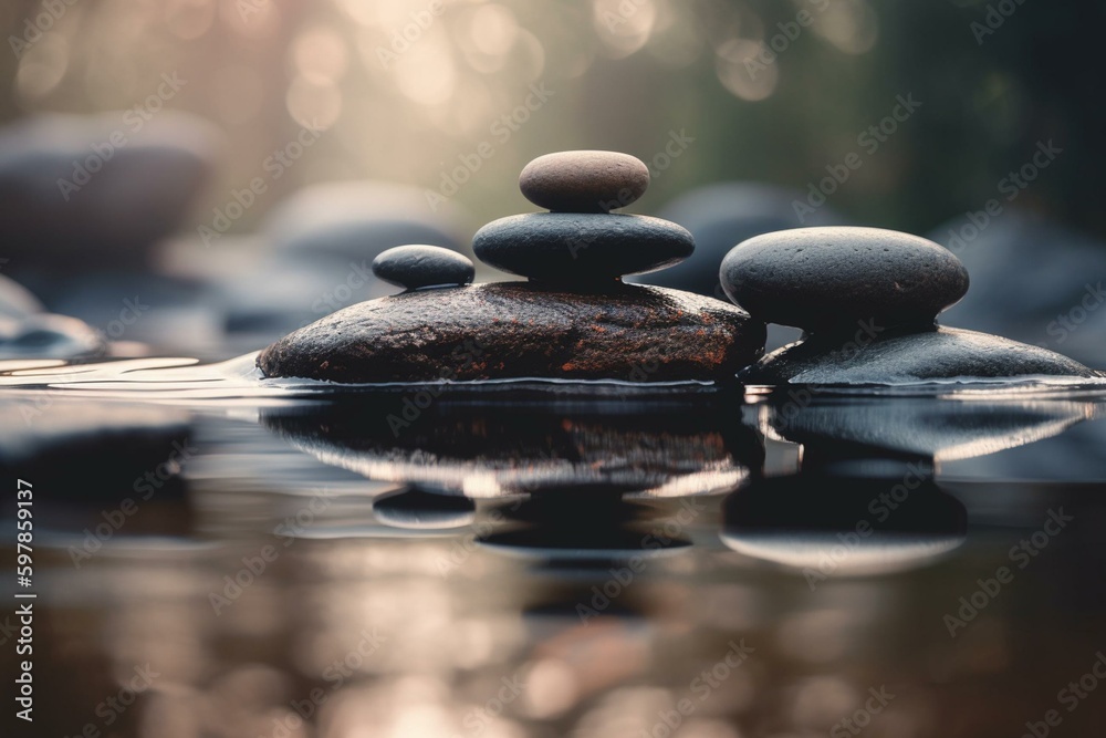 Stones balanced on water. Zen spa pebble stacks. Generative AI