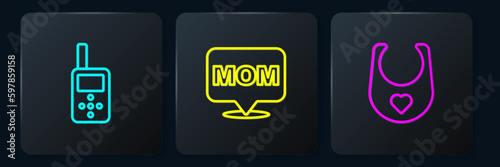 Set line Baby monitor walkie talkie, bib and Speech bubble mom. Black square button. Vector