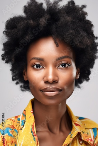 Young afro woman with curly hairstyle over white background. Generative AI vertical shot