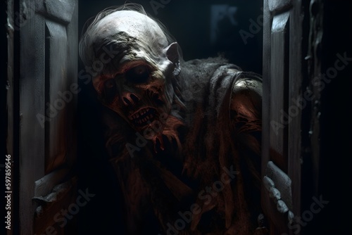 Wallpaper Illustration and background of a scary zombie. Front View. Concept of Halloween, zombies. Generative AI.