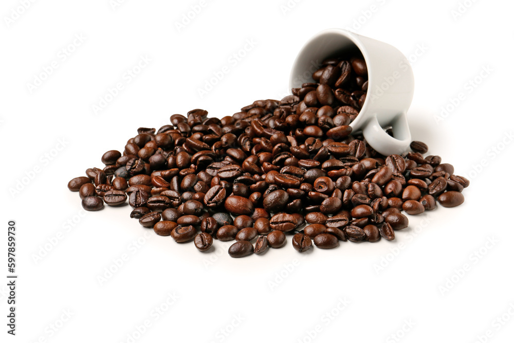 Cup with roasted coffee beans isolated on white background Cup with roasted coffee beans isolated on white background