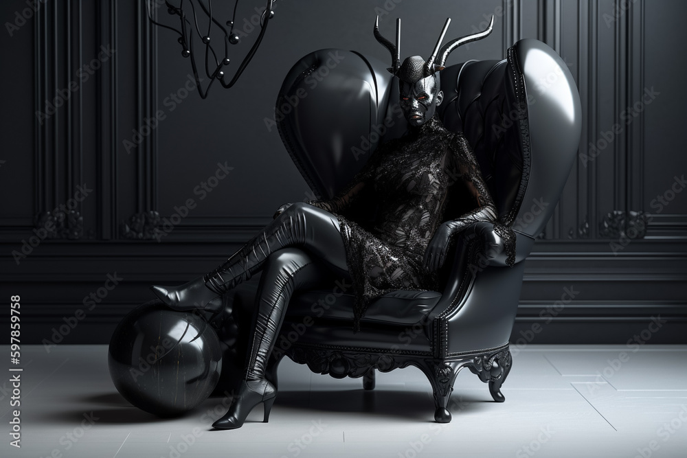 A woman in a deer costume sits in a chair in a black and white room. Generative Ai - obrazy, fototapety, plakaty 