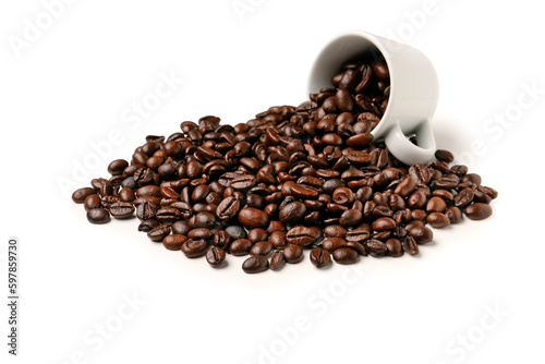Cup with roasted coffee beans isolated on white background