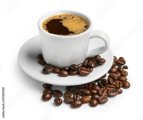 Cup of hot aromatic coffee on white background