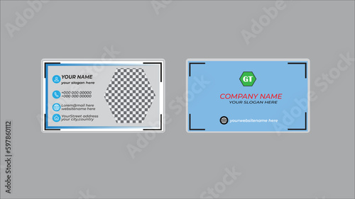 Creative business card and template profational card design with image holder and clean gradient color geomatic shape.