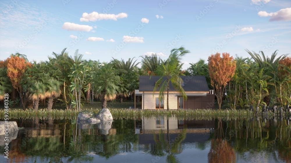 Fototapeta premium house in the jungle on the river bank, 3D illustration, cg render