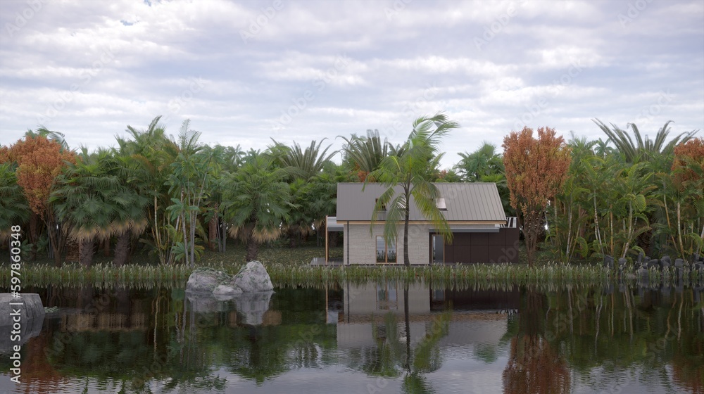 Obraz premium house in the jungle on the river bank, 3D illustration, cg render