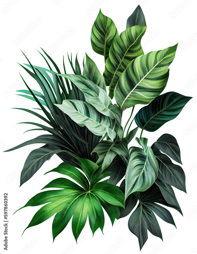 Tropical leaves foliage plant bush floral arrangement on transparent background, created with generative AI