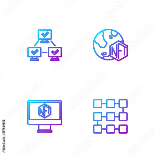 Set line NFT blockchain technology, Monitor with art store app, and Digital crypto. Gradient color icons. Vector