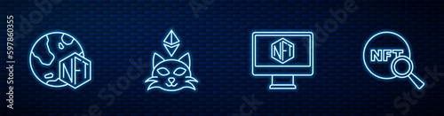 Set line Monitor with art store app, NFT Digital crypto, and Search. Glowing neon icon on brick wall. Vector
