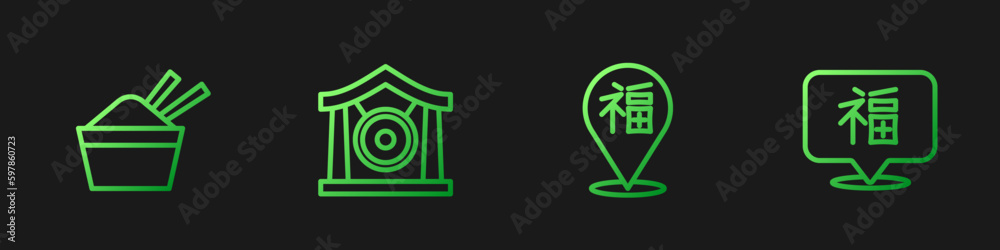 Set line Chinese New Year, ice bowl with chopstick, Gong musical instrument and . Gradient color icons. Vector Set line Chinese New Year, ice bowl with chopstick, Gong musical instrument and . Gradient color icons. Vector