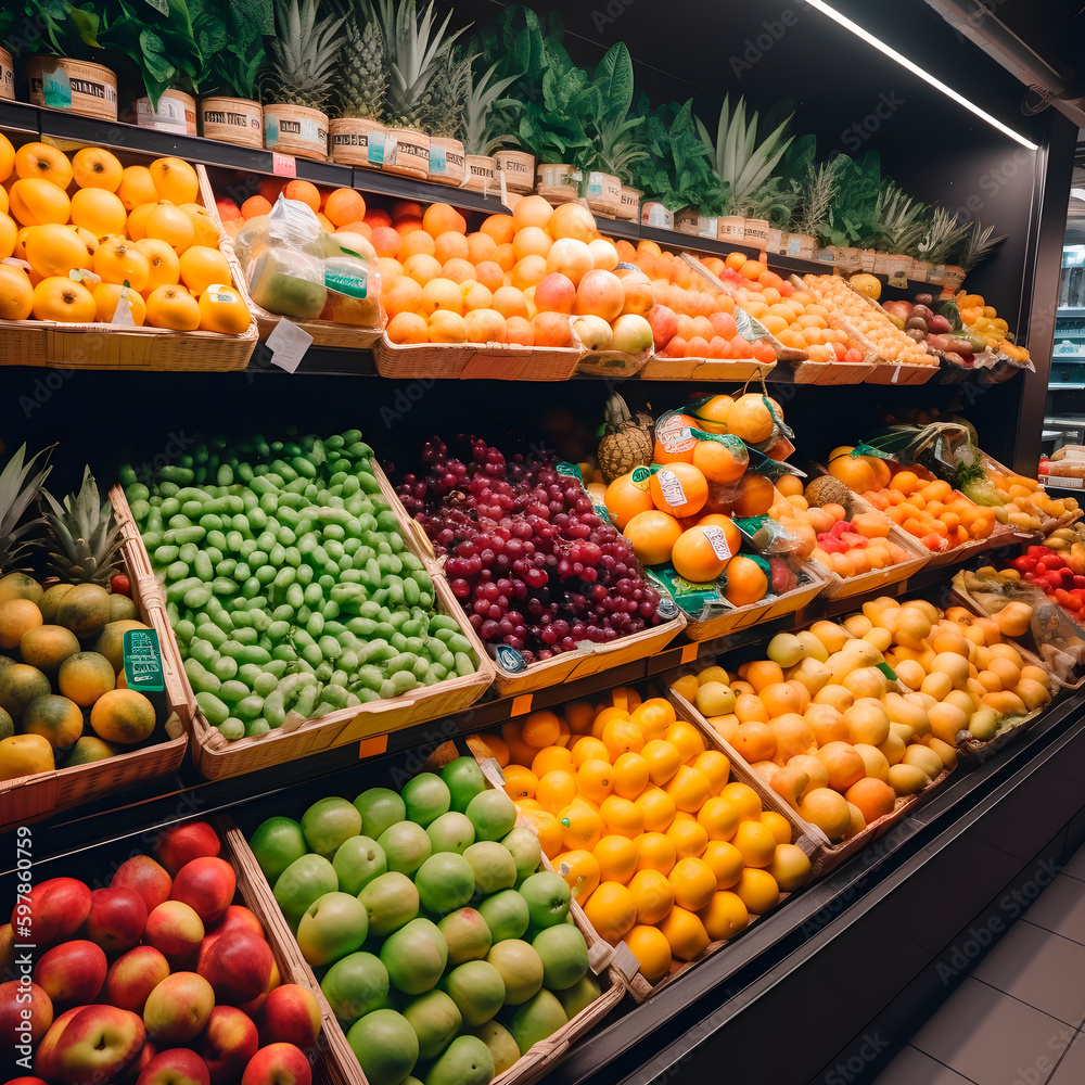 Fresh fruit display in supermarket created with Generative AI technology.