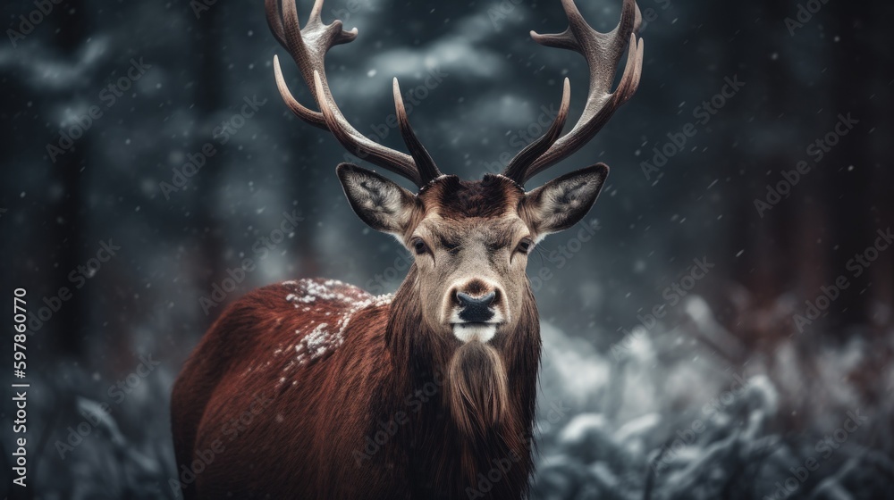 Illustration of a majestic deer in a snow forest. Generative AI. Illustration of a majestic deer in a snow forest. Generative AI.