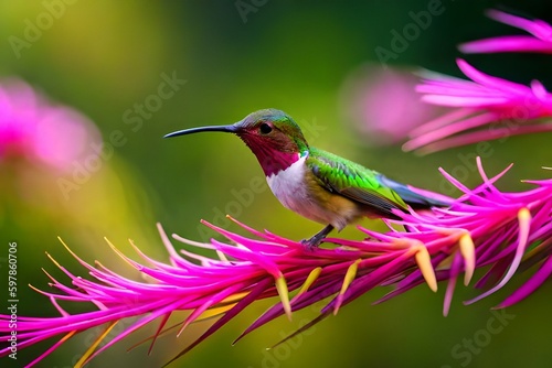  bright blue and green hummingbirds, White-necked Jacobin,Florisuga mellivora and Andean emerald,  feeding from banana flower with raindrops, against abstract green background.  photo