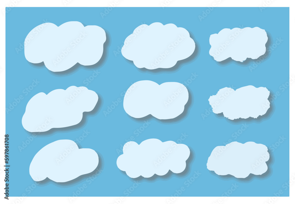 White clouds on sky blue background with shadows