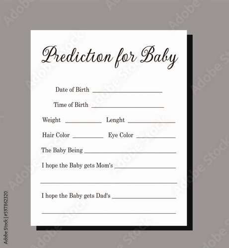 Baby shower prediction game activity simple black white