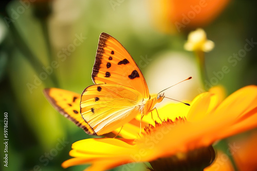 Beautiful image in nature of butterfly on yellow flower on against blurred background. Generative AI.