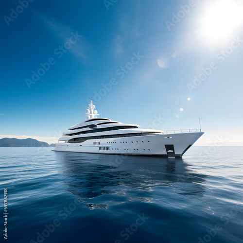 Superyacht is moving fast on the water top view. Motor Yacht in motion top view. A huge super Mega yacht in white on dark blue water created with Generative AI technology. © Vahram
