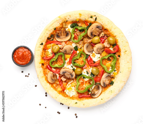 Vegetable pizza with sauce on white background