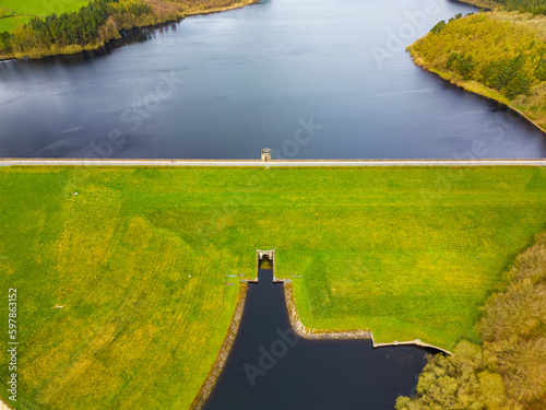 Aerial view of Fewston Reservoir dam feeding into Swinsty Reservoir in Yorkshire