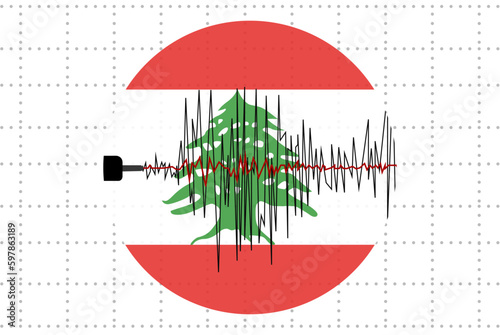 Earthquake in Lebanon concept, seismic wave with flag, natural disasters news banner