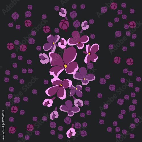 Decorative eco pattern of flying lilac flowers on a dark background. The wind blows