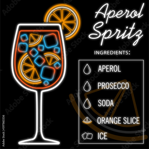 Cocktail Aperol Sprids. neon cocktail. Cocktail ingredients Aperol Sprids. Aperol, Prosecco, Soda, Orange slice, Ice.