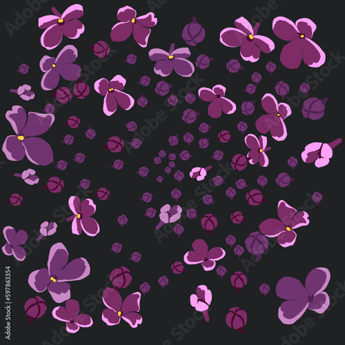 Decorative eco pattern of flying lilac flowers on a dark background. The wind blows