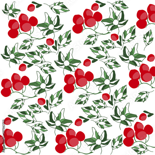 Beautiful decorative pattern of red viburnum berries and leaves on a white background. Traditional Ukrainian symbols