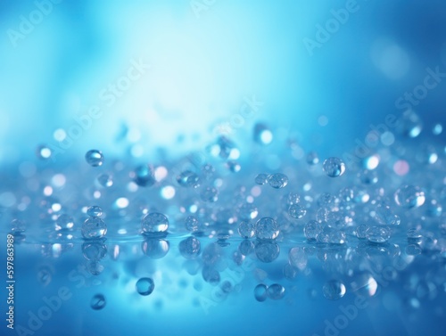 Soothing Light Blue Blurred Background with water drops and reflections. Generative AI.