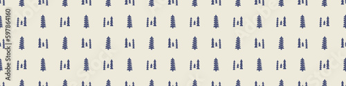 Quirky pine tree blue motif vector border. Seamless decoration of whimsical woodland botanical design for scandi ribbon. 