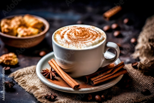 Cappuccino with cinnamon and anise on a dark background. Generative AI