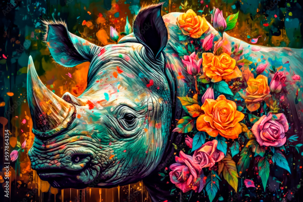 White rhinoceros in the flower garden. Colorful painting. Generative AI
