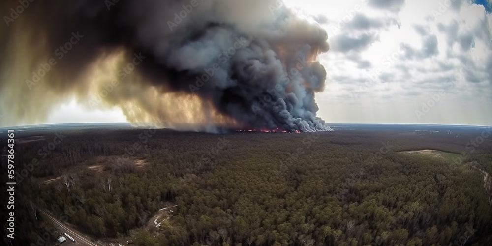 Fototapeta premium Aerial view burning dry forest trees at sunset time with smoke clouds. AI generative illustration.