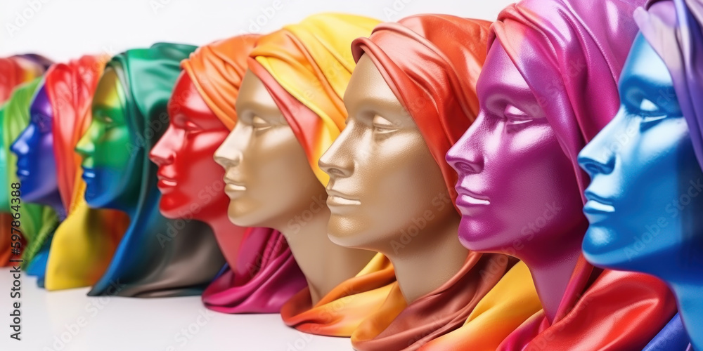 Multicolored heads faces to the side of group of people in different headdresses and scarfs. AI generative illustration.