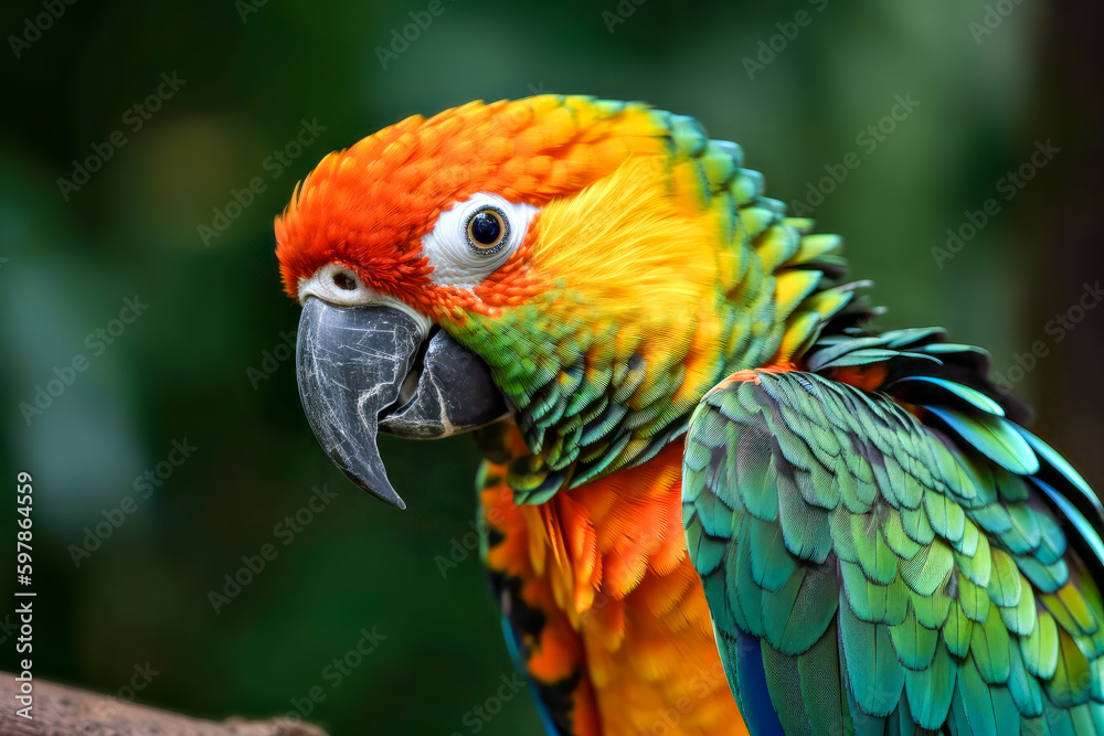 beautiful Scarlet macaw parrot in the park, close up. Generative AI