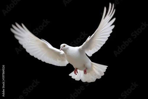 A flock of white doves flying against a black backdrop creates a striking visual, representing peace, purity, and hope.