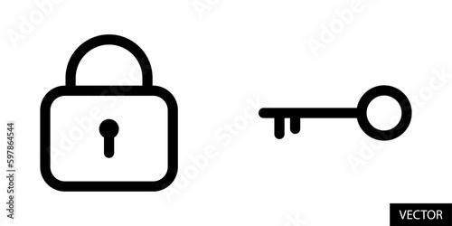 Lock and key, security and privacy concept vector icons in line style design for website, app, UI, isolated on white background. Editable stroke. Vector illustration.