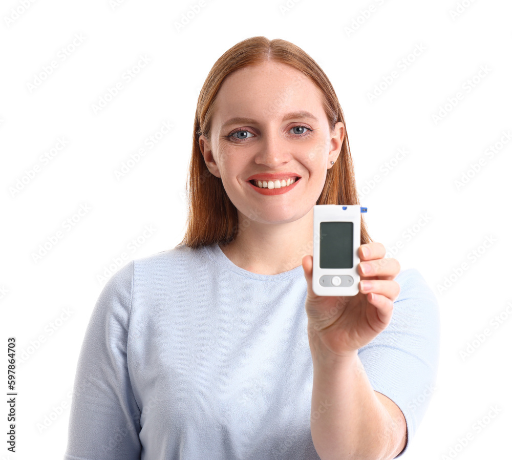 Woman with digital glucometer on white background Woman with digital glucometer on white background
