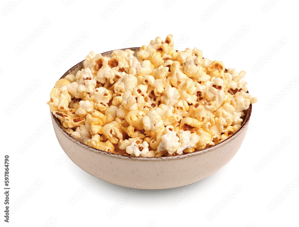 Bowl with crispy popcorn on white background Bowl with crispy popcorn on white background