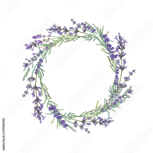 Round made of Provencal lavender flowers. Watercolor of purple flowers. Botanical plants. French style. A wreath with a place for the text. Suitable for postcards, leaflet, package