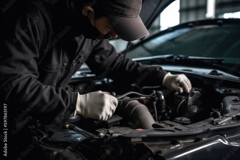 A skilled automotive technician is using a wrench to work on a car engine in a garage, emphasizing the importance of car repair services and maintenance checks before a vehicle is driven